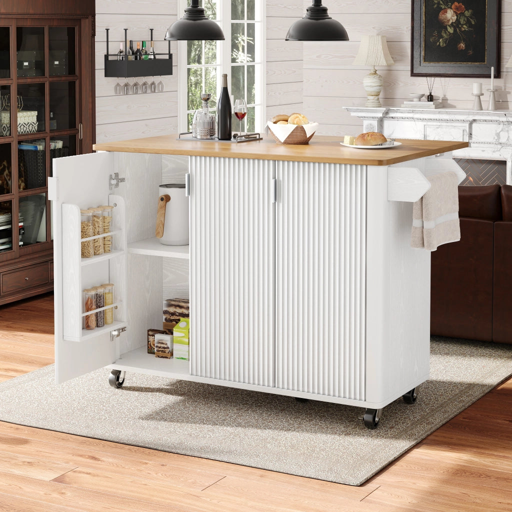 Isola da cucina mobile con 3 ante, piano pieghevole, 130x45(75)x92 cm, bianca