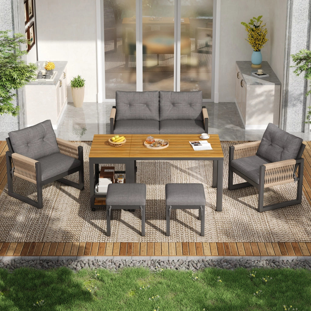 Set Divanooi esterni lounge: struttura ferro; braccioli intrecciati; cuscini seduta inclusi + tavolo