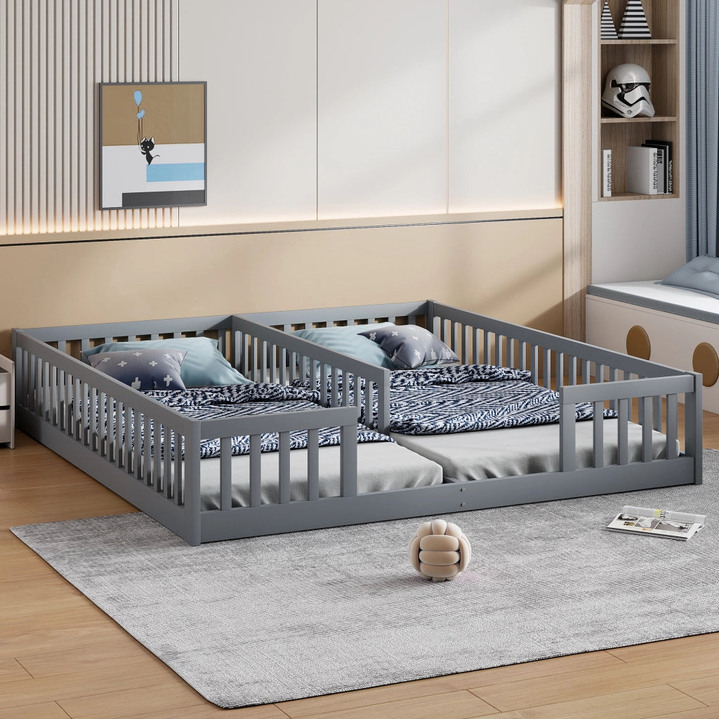 OKWISH Letto Bambino 90×200 cm, Letto Singolo a Terra con 2 Posti Letto, Sponde di Sicurezza, con Doghe e senza Materasso, Grigio