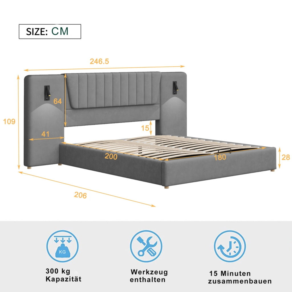 Letto imbottito 180x200 cm con testiera extra lunga; lampade da lettura e contenitore in velluto grigio