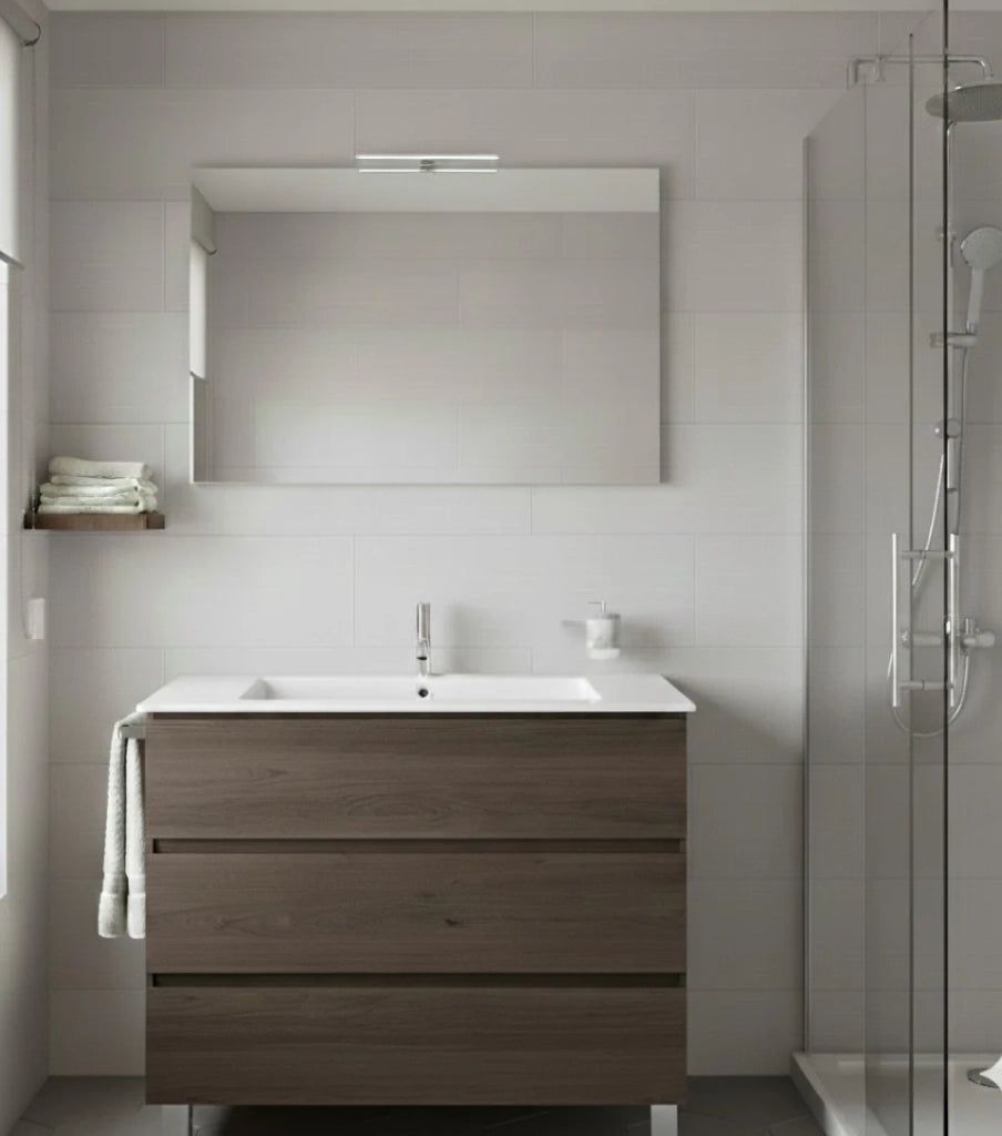 Mobile Bagno BALDER Già Montato 3 cassetti con piedini, lavabo e specchio Frassino tea 80x40 cm