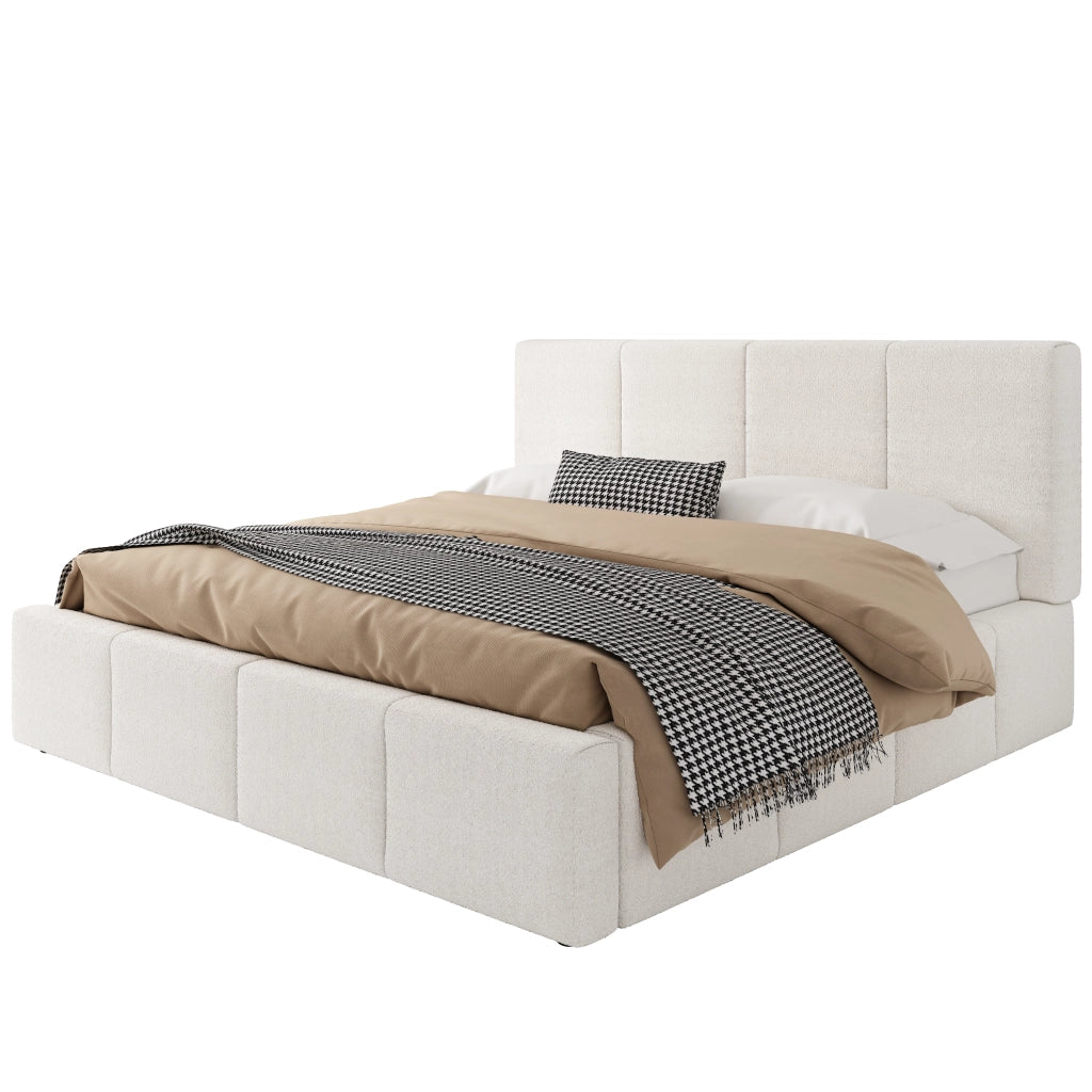 Letto Matrimoniale 180x200 cm; 2 Posti - Testiera Imbottita; Struttura Incassata in Bouclé Beige