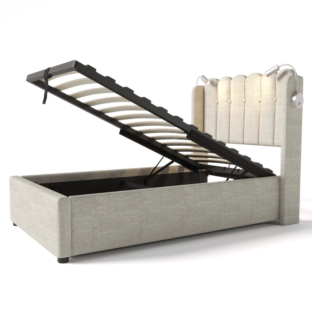 Letto singolo imbottito contenitore 90x200 cm in lino naturale con luce da lettura e USB