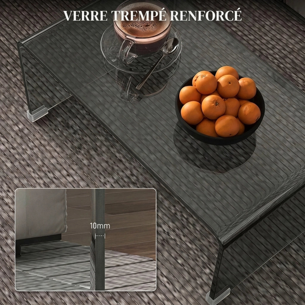 Table Basse en Verre, Table de Salon Rectangulaire Design Moderne avec Bords Arrondis Sûrs, Gris Clair Transparent