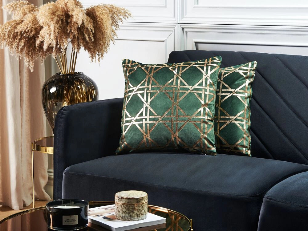 Set di 2 cuscini decorativi verde scuro diamante motivo geometrico 45 x 45 cm lamina dorato stampa accessori arredamento glamour