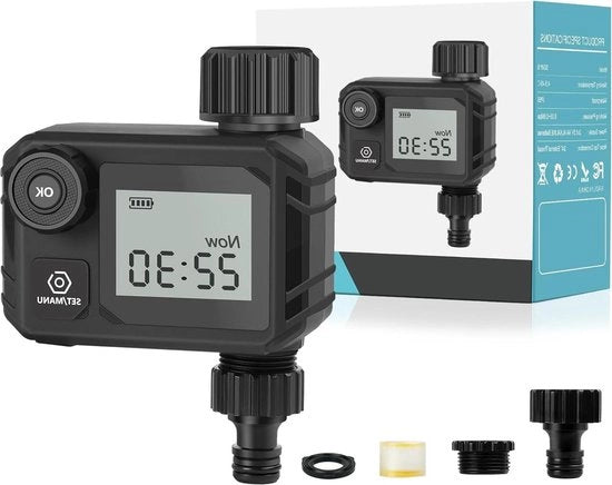 Timer di Irrigazione Automatico - Timer da Giardino con Rubinetto Connesso - Modalità Automatica e Manuale - Ritardo per Pioggia - Impermeabile IPX5 - Display LCD