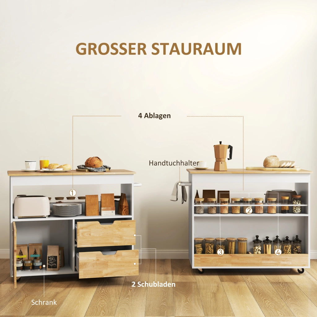 Carrello da Cucina con 2 Cassetti; 1 Anta; 1 Vano Aperto; Portasciugamani e Ruote; in Legno; Rovere