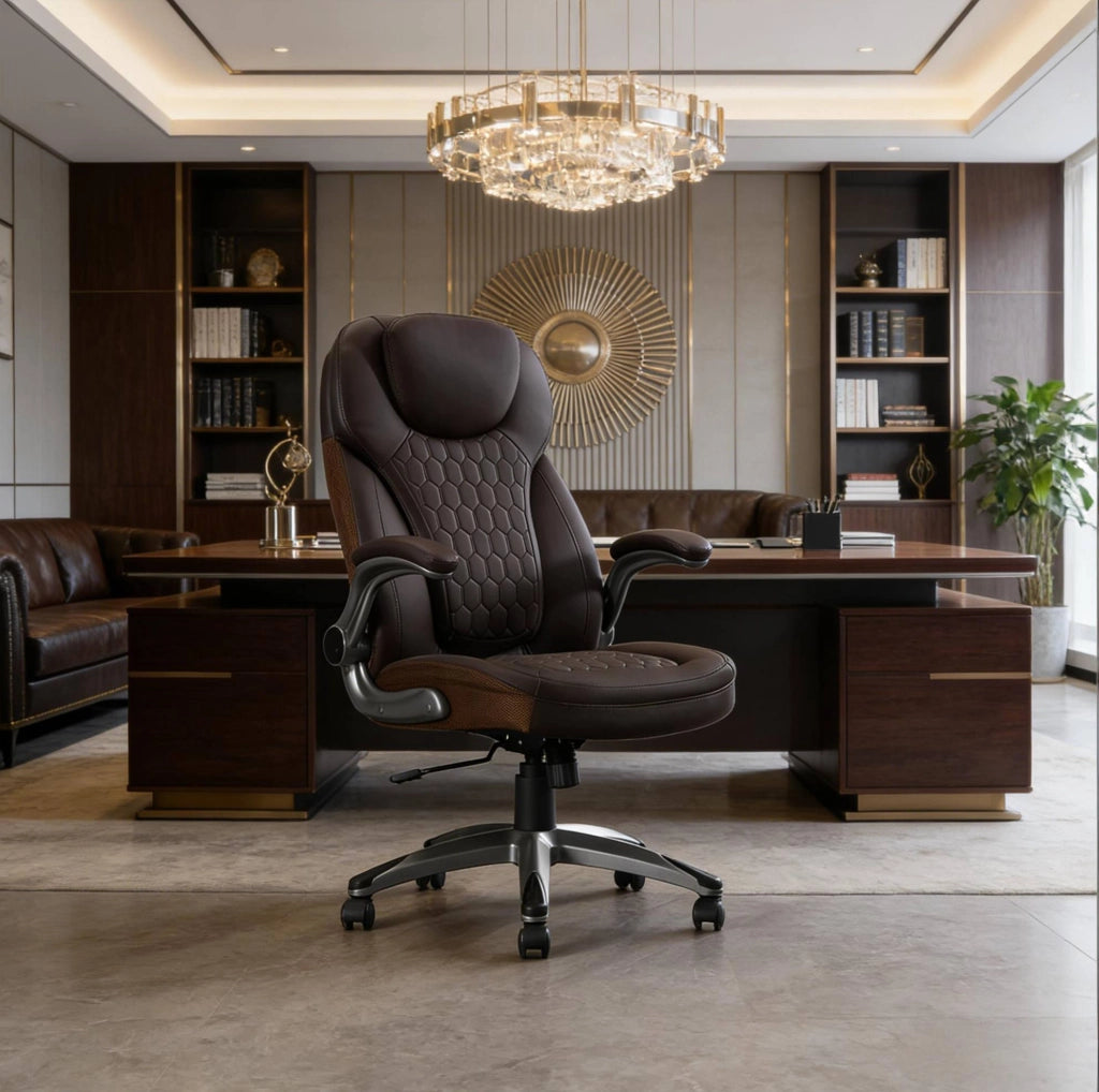 Sedia da ufficio ergonomica marrone in PU e rete, 150 kg