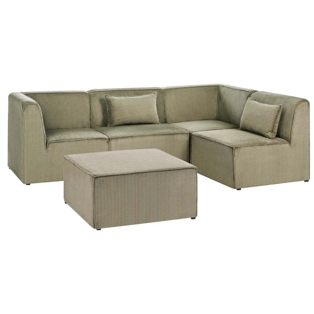 Divano modulare lato sinistro 4 posti con Ottomana in Velluto a coste verde design moderno soggiorno