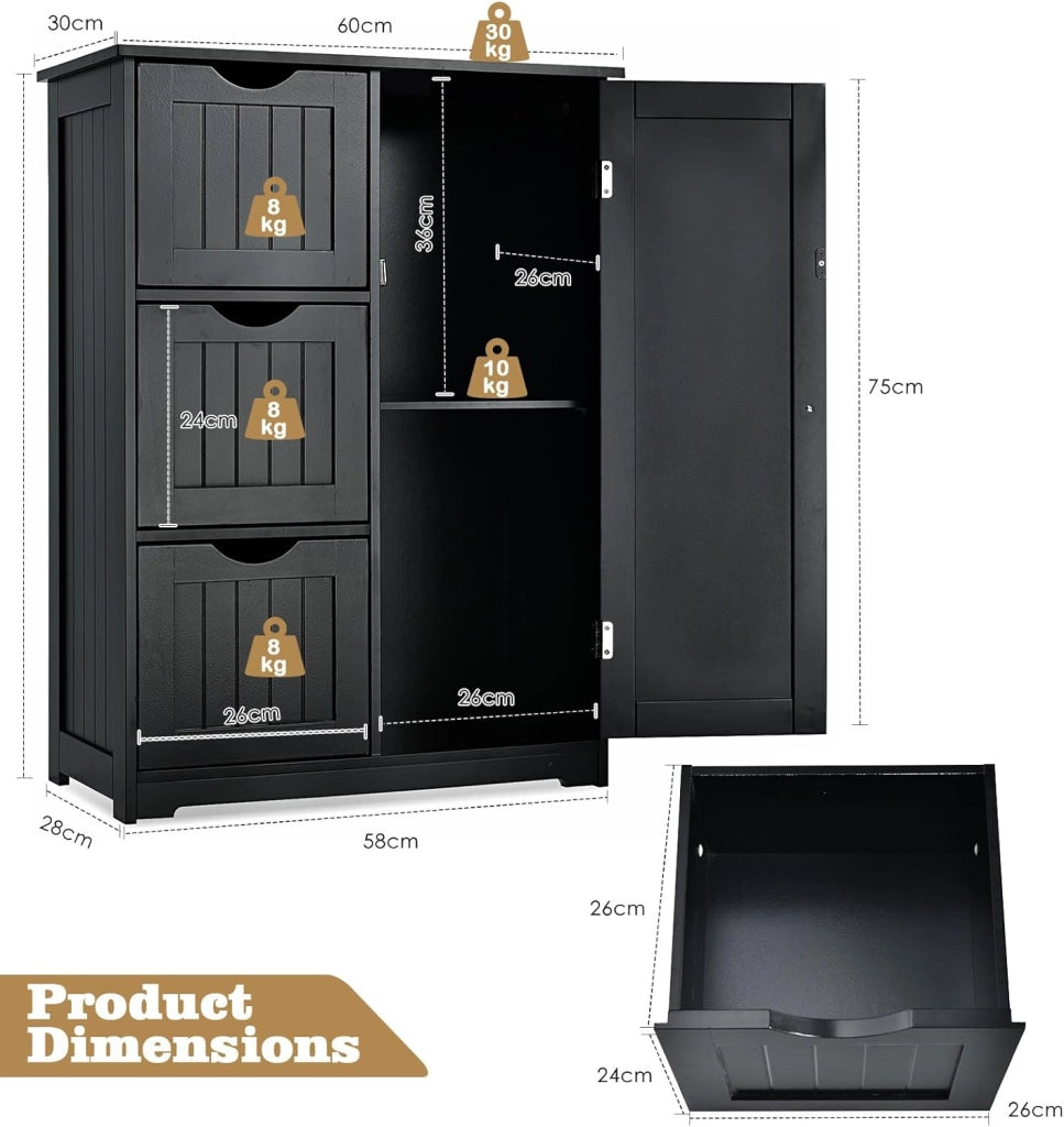 Armadietto da bagno con ripiano regolabile, in legno, 60 x 30 x 81 cm, con 3 cassetti e 1 porta, per soggiorno, cucina, corridoio (nero)