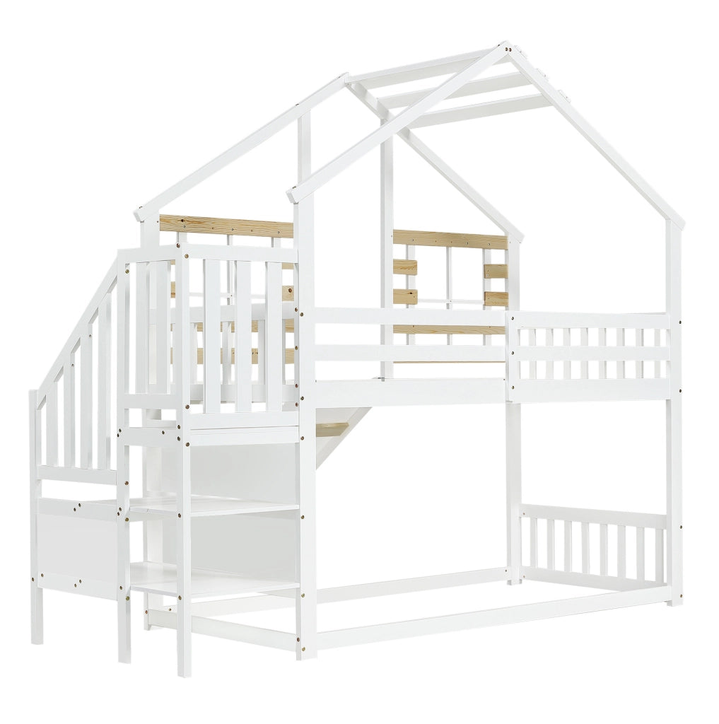 Letto a castello per bambini con scivolo, scala e finestre 90x200 cm