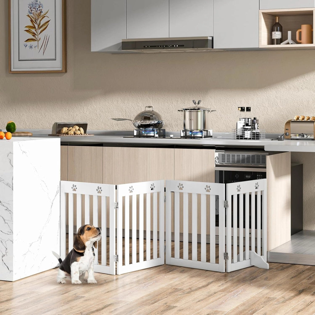 Cancelletto per Cani Pieghevoli 204 x 60 cm, Barriera per Cani in Legno a 4 Pannelli con Piedini Stabili, Recinzione per Scale, Ingressi e Corridoi (Bianco)
