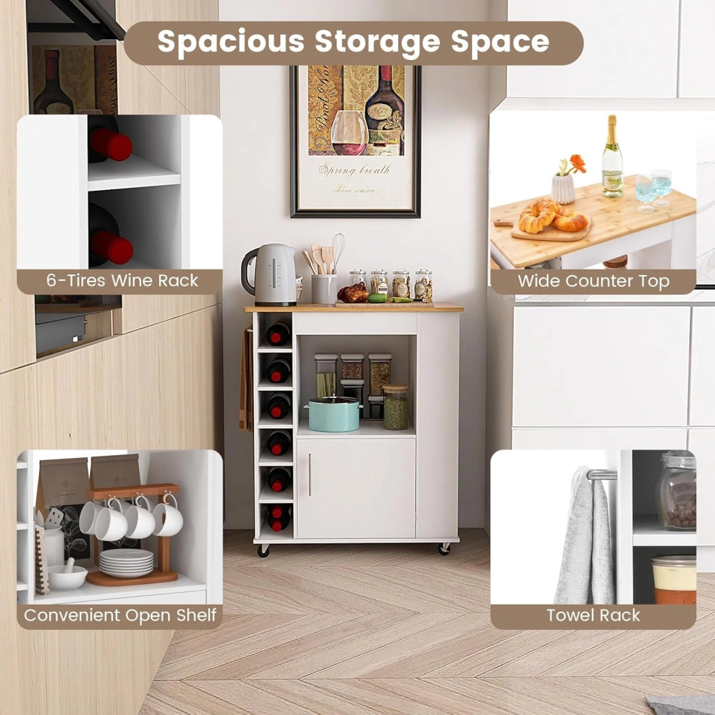 Carrello da cucina su rotelle, carrello da portata con piano di lavoro, isola da cucina mobile, in legno, con scaffale per vino e porta asciugamani e portaspezie, carrello da cucina bianco