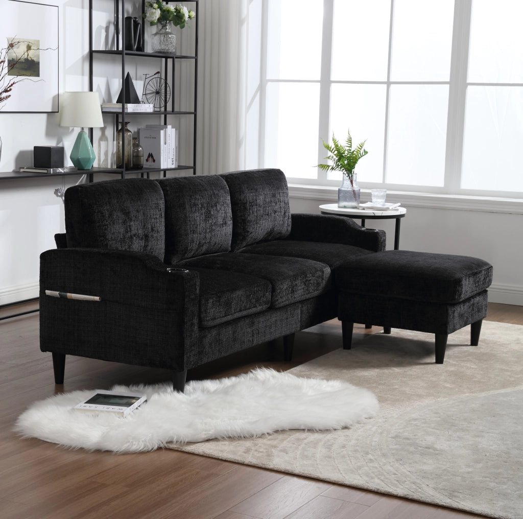 Divano 4 posti con pouf contenitore 196.5x75x77 cm in chenille nero