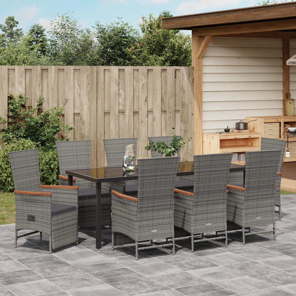Set da Pranzo da Giardino 9 Pezzi con Cuscini Grigio in Polyrattan