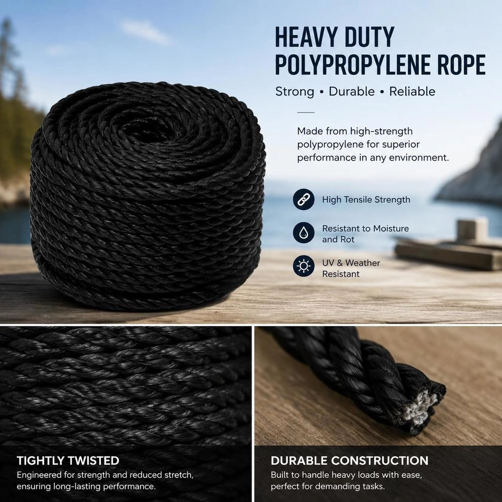 Black Working Rope, 12 Mm, 50 M, Polypropylene