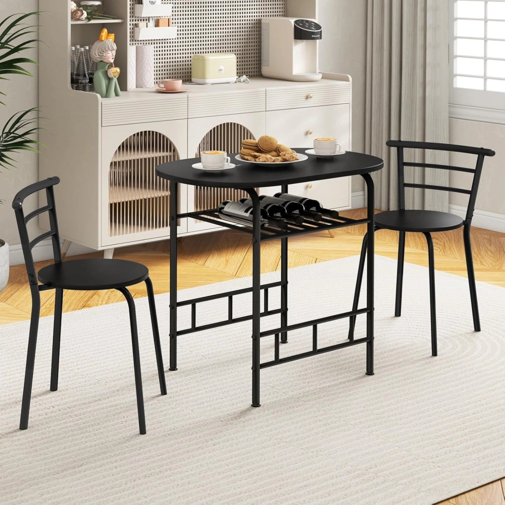Tavolo da Pranzo con Sedie, Tavolo da Bar con Ripiano e 2 Sedie, Set Mobili da Bar per Sala da Pranzo, Balcone, in Legno e Metallo, Sedia Portata 150 kg (Nero)