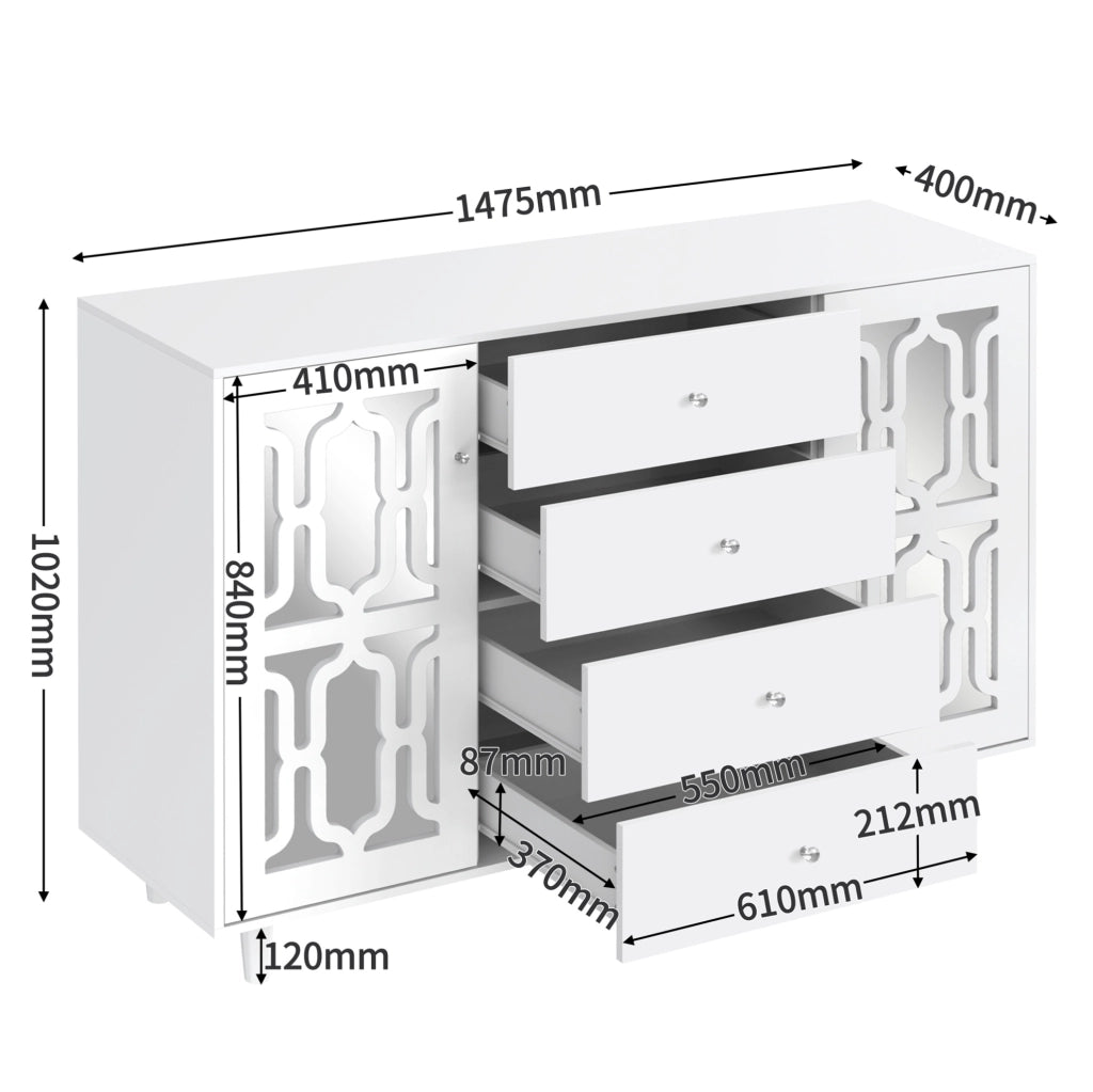 Credenza bianca con superficie a specchio 147,5 cm
