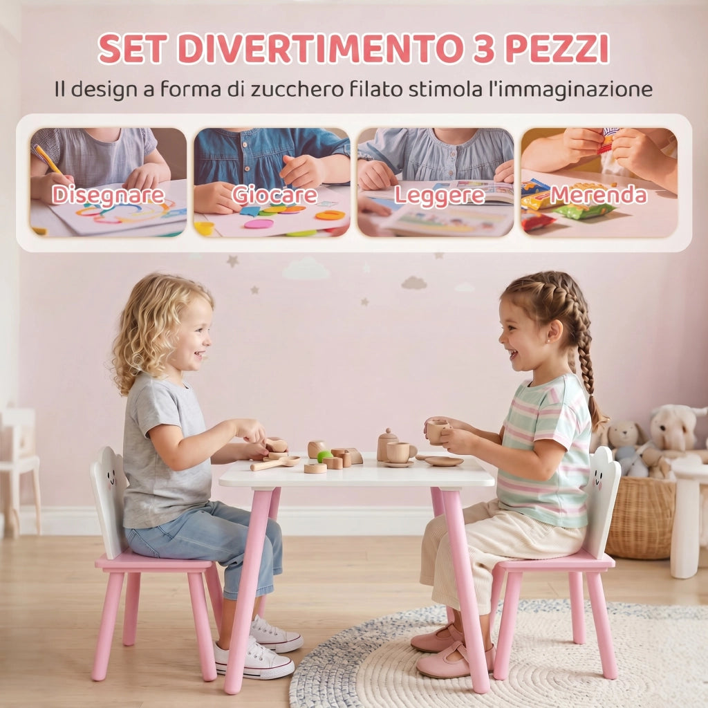 Set Tavolo e 2 Sedie per Bambini 3-6 Anni in Legno con Angoli Arrotondati Rosa