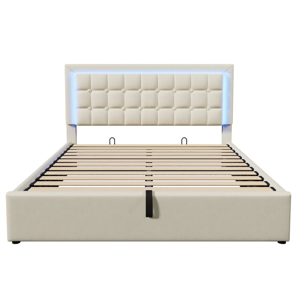 Letto matrimoniale imbottito 180x200 cm in PU bianco con LED; contenitore e rete a doghe