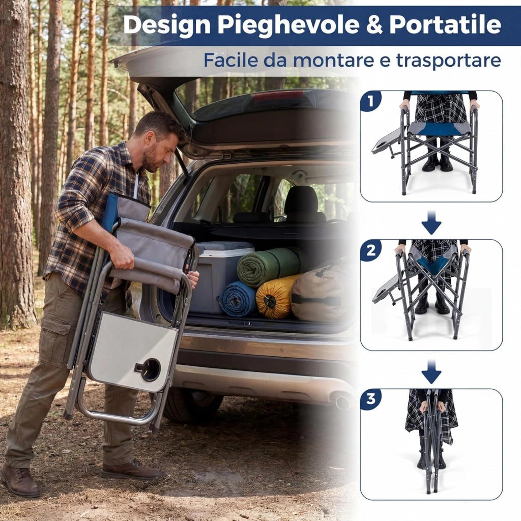 Sedia da Regista Imbottita con Tavolino, Ampio Sedile, Braccioli e Schienale, Sedia da Campeggio Pieghevole con Telaio Metallico per Eventi Sportivi e Pesca, Portata 180 kg (Blu)