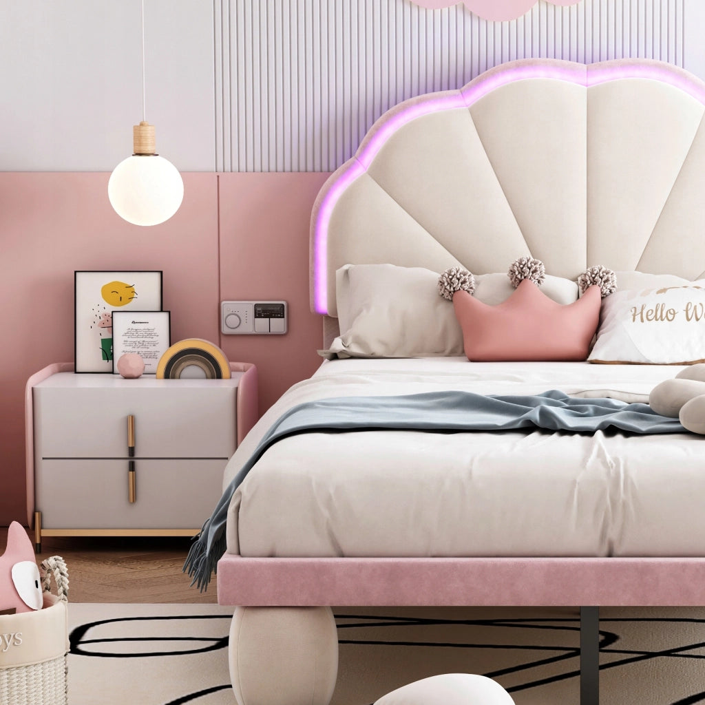Letto 90x200 cm LED - Xylo - Onde Velluto Beige Rosa