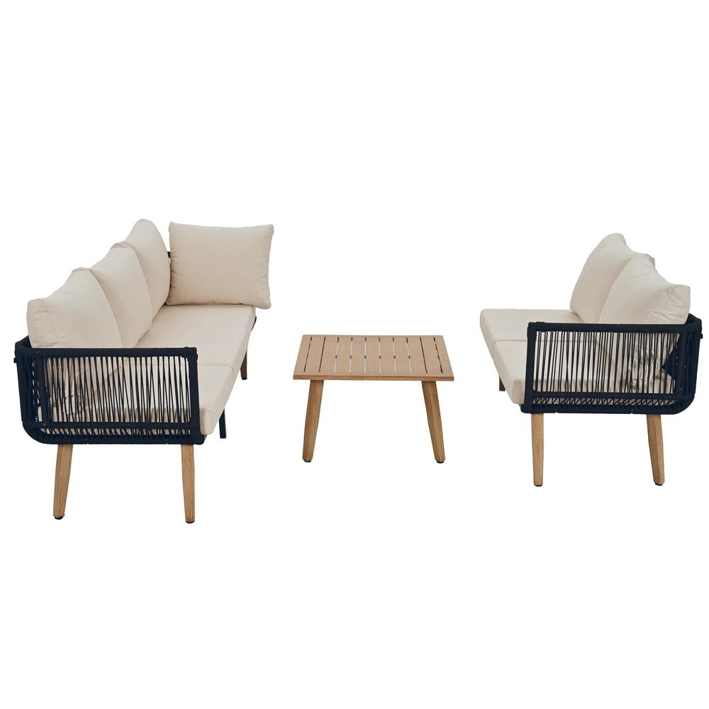 Set Divano da Giardino con Tavolino ¨C Xylo ¨C Acciaio, Corda, Beige e Nero