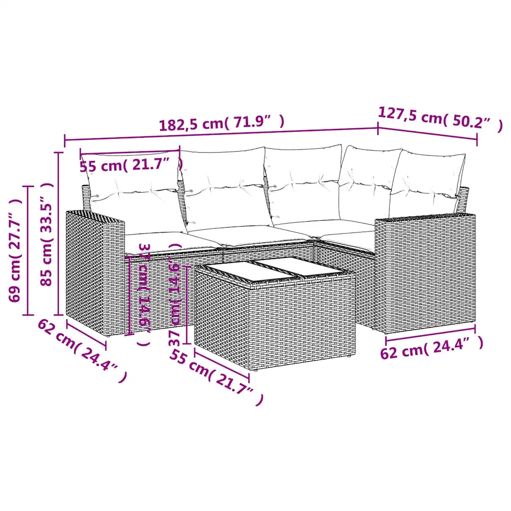 Set Divano da Giardino 5 pz con Cuscini-Sofa da Giardino-Divanetto da esterno Marrone in Polyrattan 529424