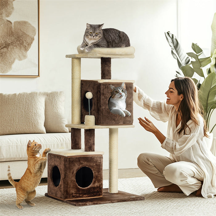 Albero Tiragraffi per Gatti 55x48x107 cm 2 Casette Lettino e Pallina in Tessuto Peluche Marrone e Beige