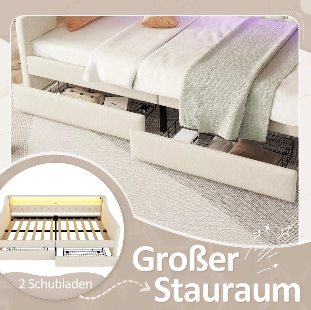 Divano letto 90x200 cm in lino beige con LED, USB e 2 cassetti