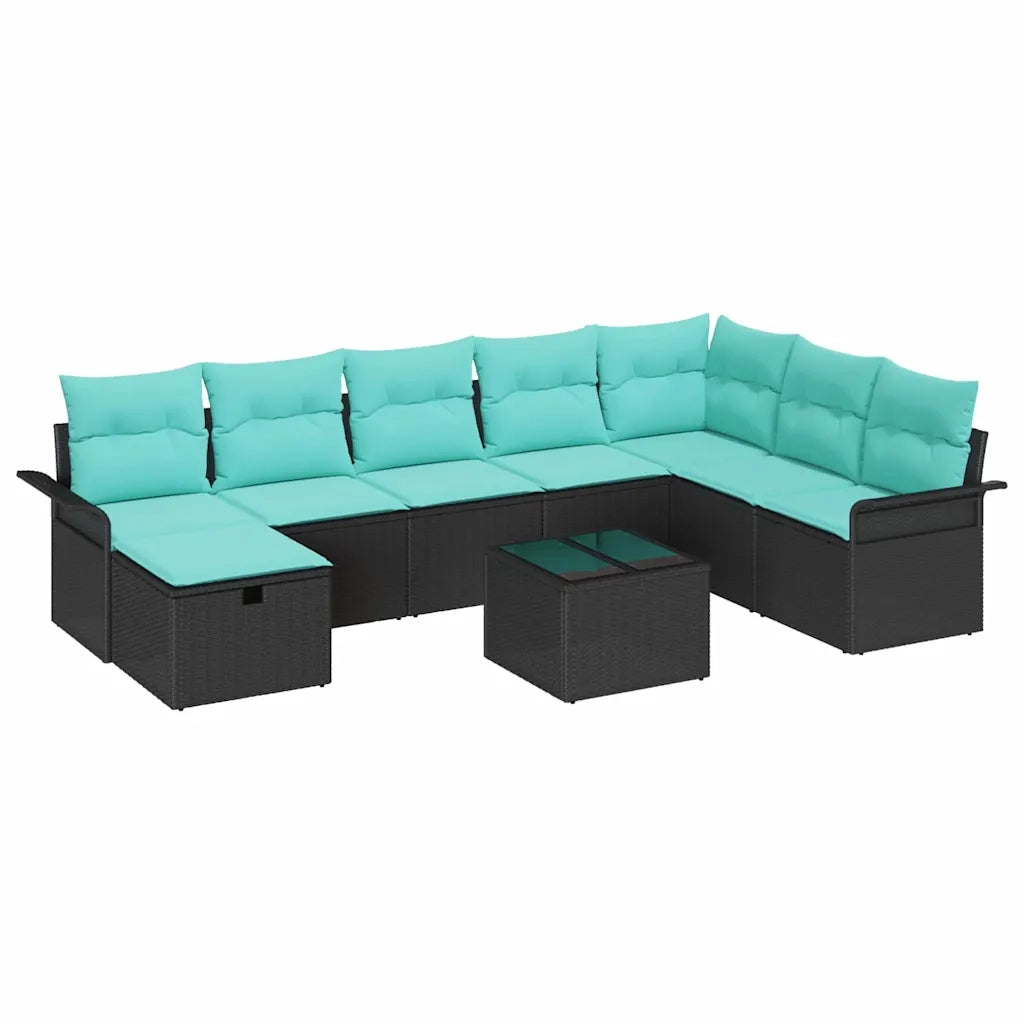 Set Divano da Giardino 9 pcs Nero e Turchese polyrattan