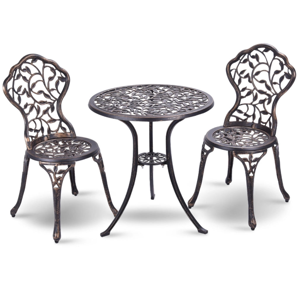Set tavolo e 2 sedie da giardino, Tavolo e sedie esterno da caff¨¨ in metallo Bronzo-Set mobili da esterno