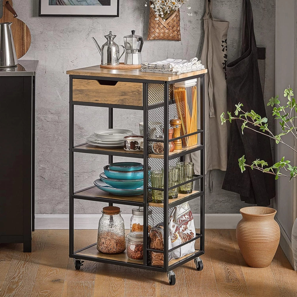 Carrello Cucina con Ruote, Mobiletto Cucina Salvaspazio con 1 Cassetto, 3 Ripiani e Ripiani Laterali, Credenza Cucina o Bagno, Mobiletto Cucina Dispensa Stile Vintage 50 x 37 x 87 cm FKW99-N