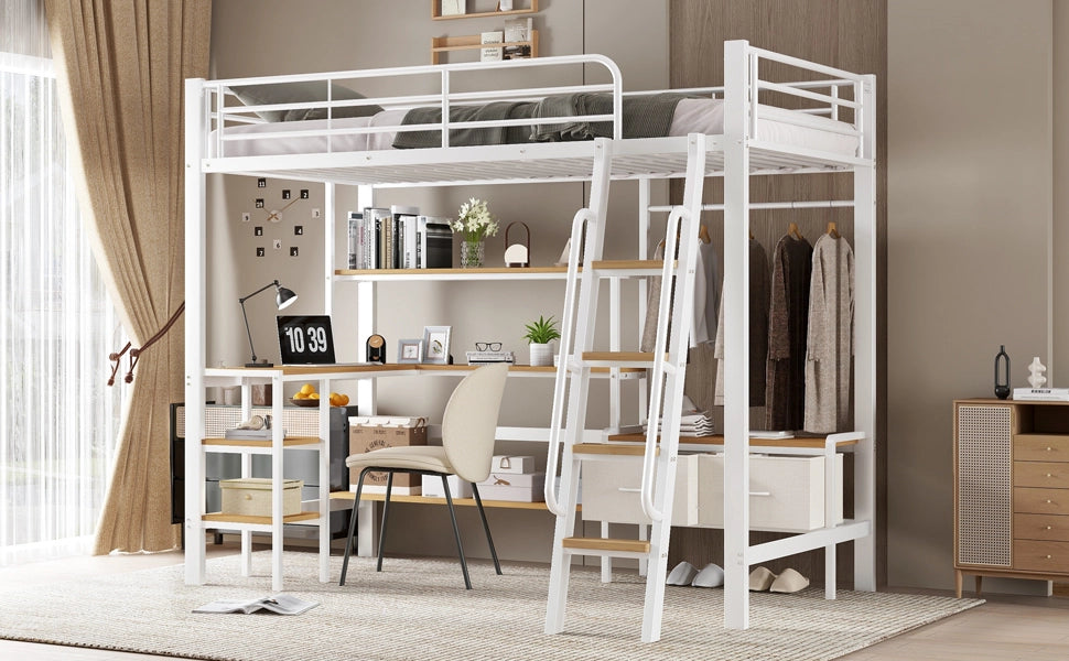 Letto a castello in ferro e MDF bianco e naturale con scrivania scaffale e due scatole tessili 90x200cm