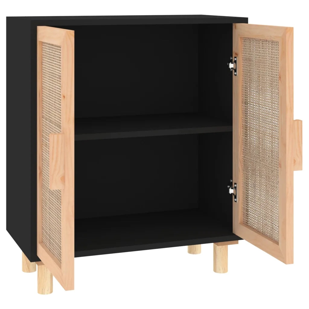 Credenza Nera 60x30x70 cm Legno Massello Pino e Rattan Naturale 345631