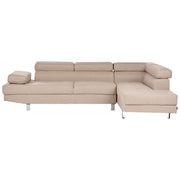 Divano angolare in tessuto beige con poggiatesta e braccioli regolabili a forma di L