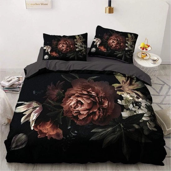 Set da letto, 135 x 200 cm, 4 pezzi di coperta da letto morbidi in microfibra e 2 cuscini 80 x 80 cm, design fiorito nero