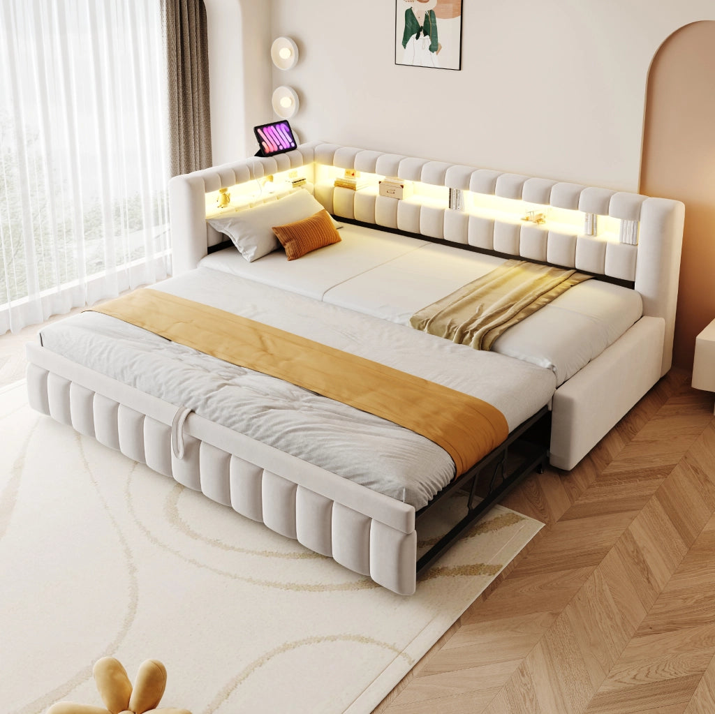 Divano letto estraibile 90x200 cm con LED e USB-C beige
