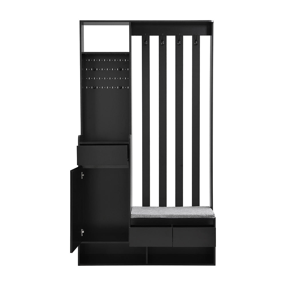 Portaabiti con panca imbottita - Xylo - H180/L100/P35 cm - Nero - Multifunzionale con porta scarpe e lavagna
