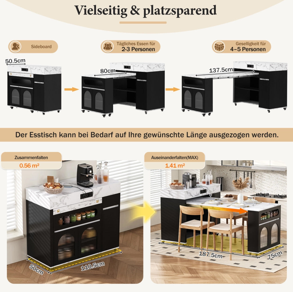 Mobile cucina estensibile nero con prese integrate e ruote