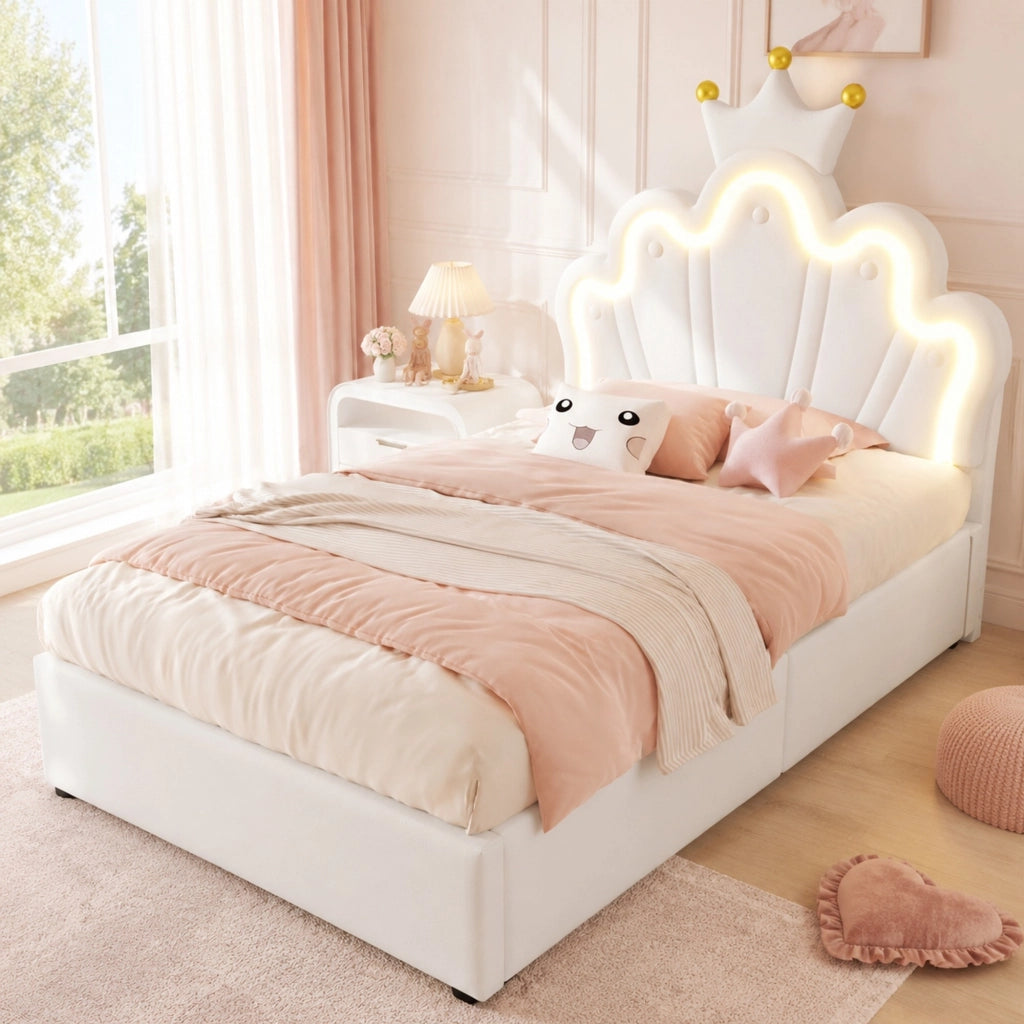 Letto imbottito 90x200 cm in PU bianco con LED; testiera regolabile e contenitore idraulico