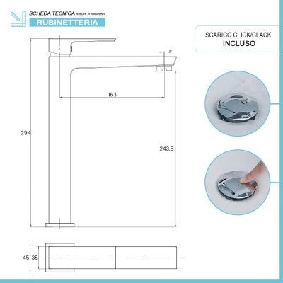 Miscelatore lavabo alto in ottone cromo con piletta click clack Kubo