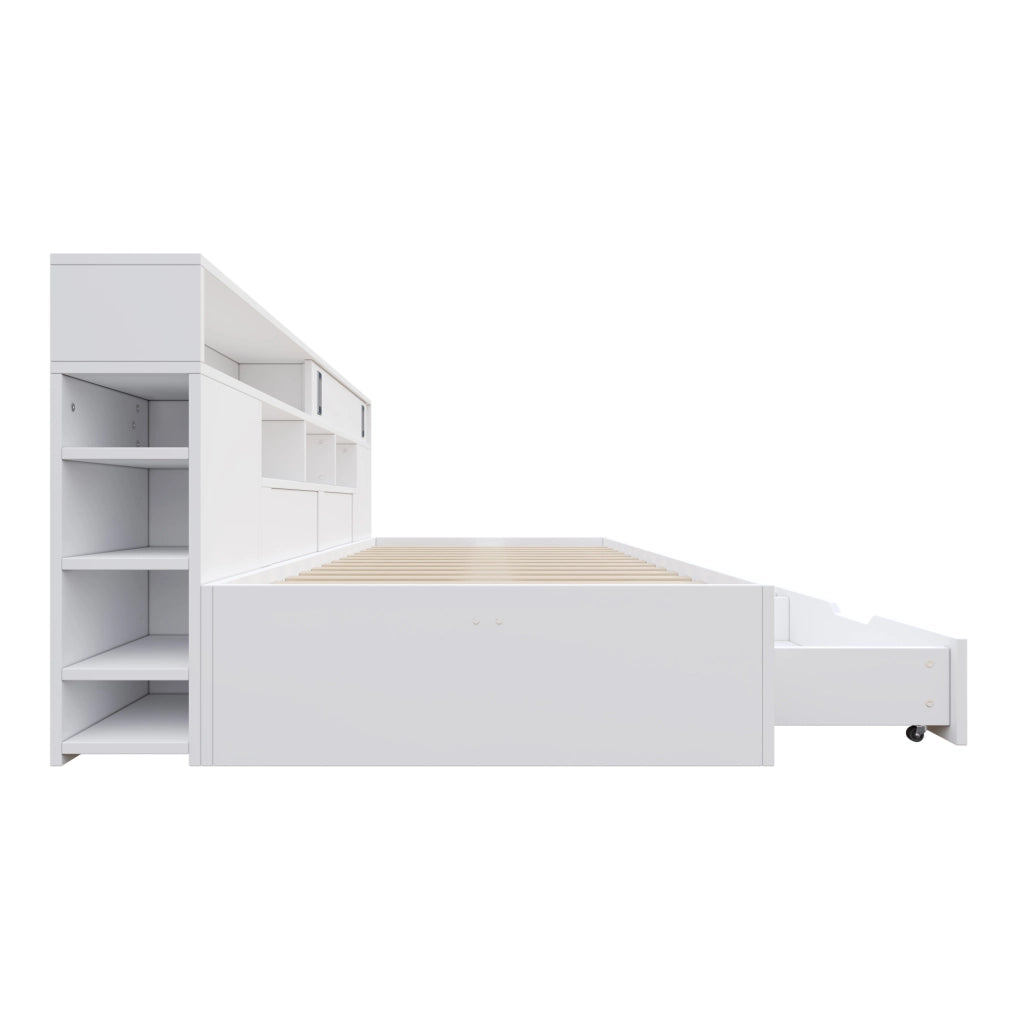 Letto singolo multifunzione 90x190 cm bianco con cassetti, armadi e ripiani