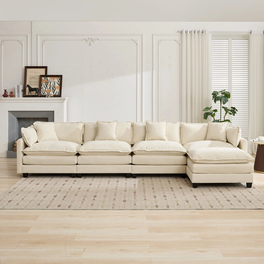 Divano modulare 4 posti con cuscini ergonomici e struttura flessibile in ciniglia beige per soggiorno 75 × 380 × 84 cm