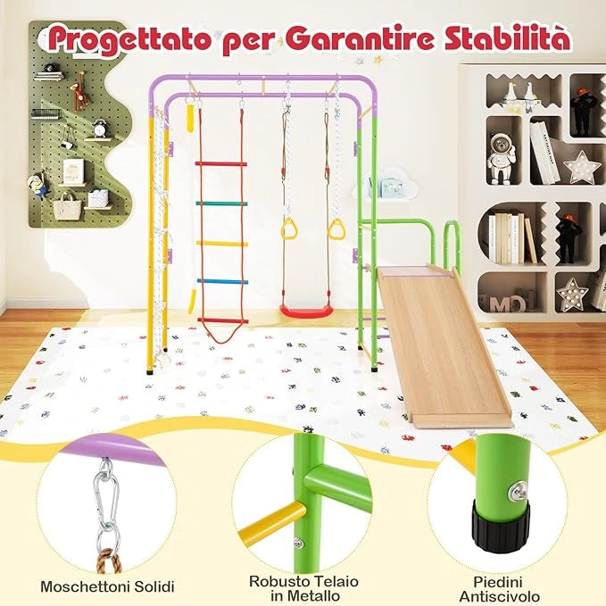 8 in 1 Set da Arrampicata per Bambini, Set Giocattoli Scivolo con Barre Scala Corda Anelli Ginnici e Altalena, Parco Giochi per Bambini 3 Anni +, Carico 100 kg