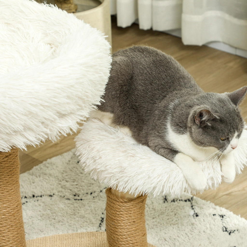 Albero tiragraffi per gatti con lettini e pallina, in legno, bianco, 61,5 cm