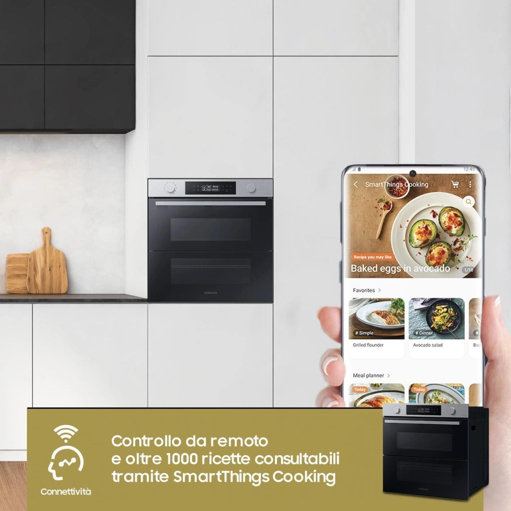 Samsung NV7B45403BS Dual Cook Flex Serie 4 Forno da incasso Elettrico 76 L Classe A+ Dual Cook Vapore Air Sous Vide Wi-Fi 40 programmi (60x60x57 cm) colore Inox
