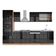 Cucina componibile R-Line Antracite lucido/Rovere dorato 300 cm con armadio alto, PL Marmo Vicco