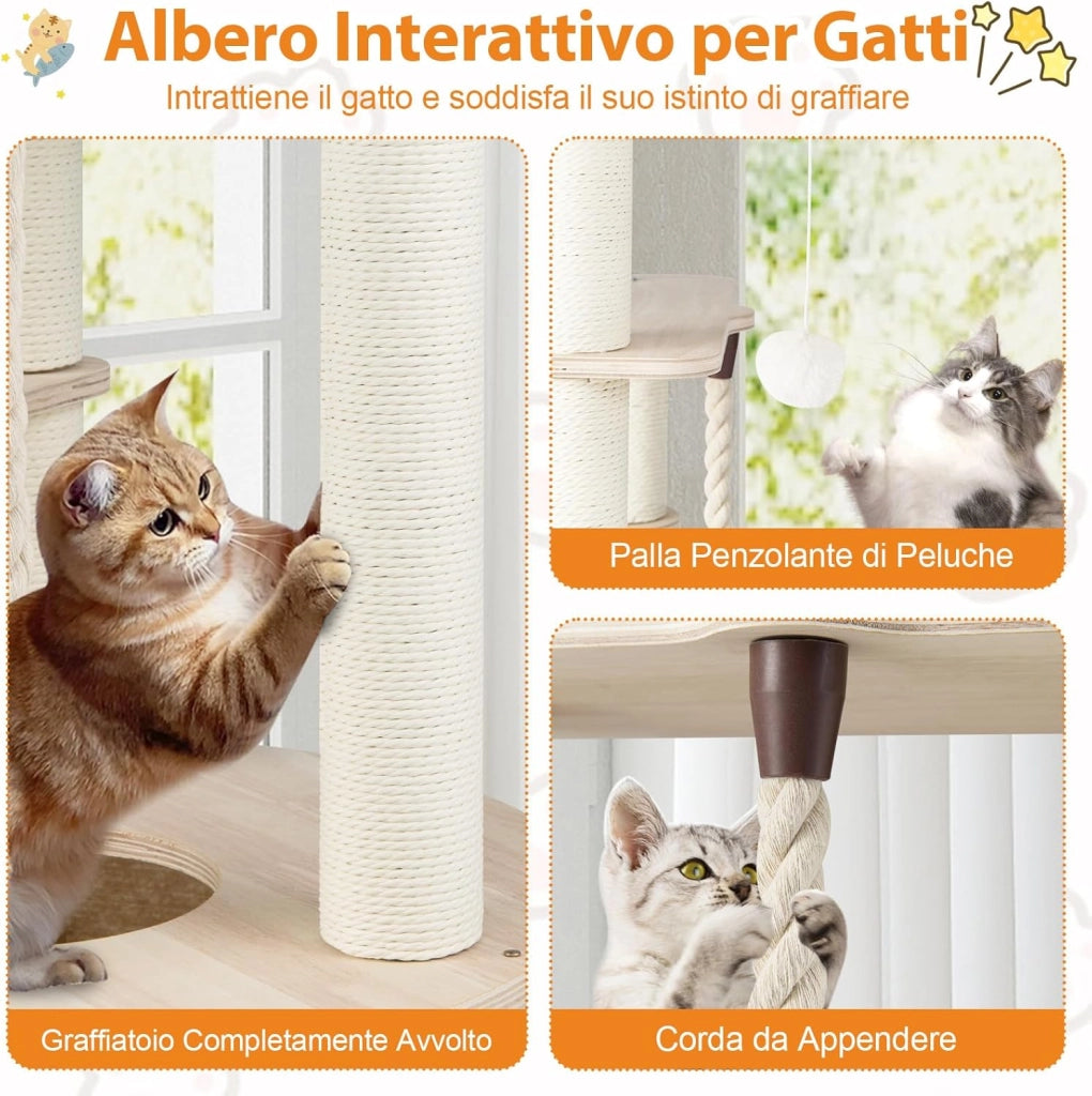 Albero per Gatti Alto 141 cm, Tiragraffi per Gatti in Plywood con Condo, Posatoio Curvo, Amaca, Tiragraffi, Pallina e Corda Appesi e Cuscini in Pile Lavabili, 55 x 55 x 141 cm