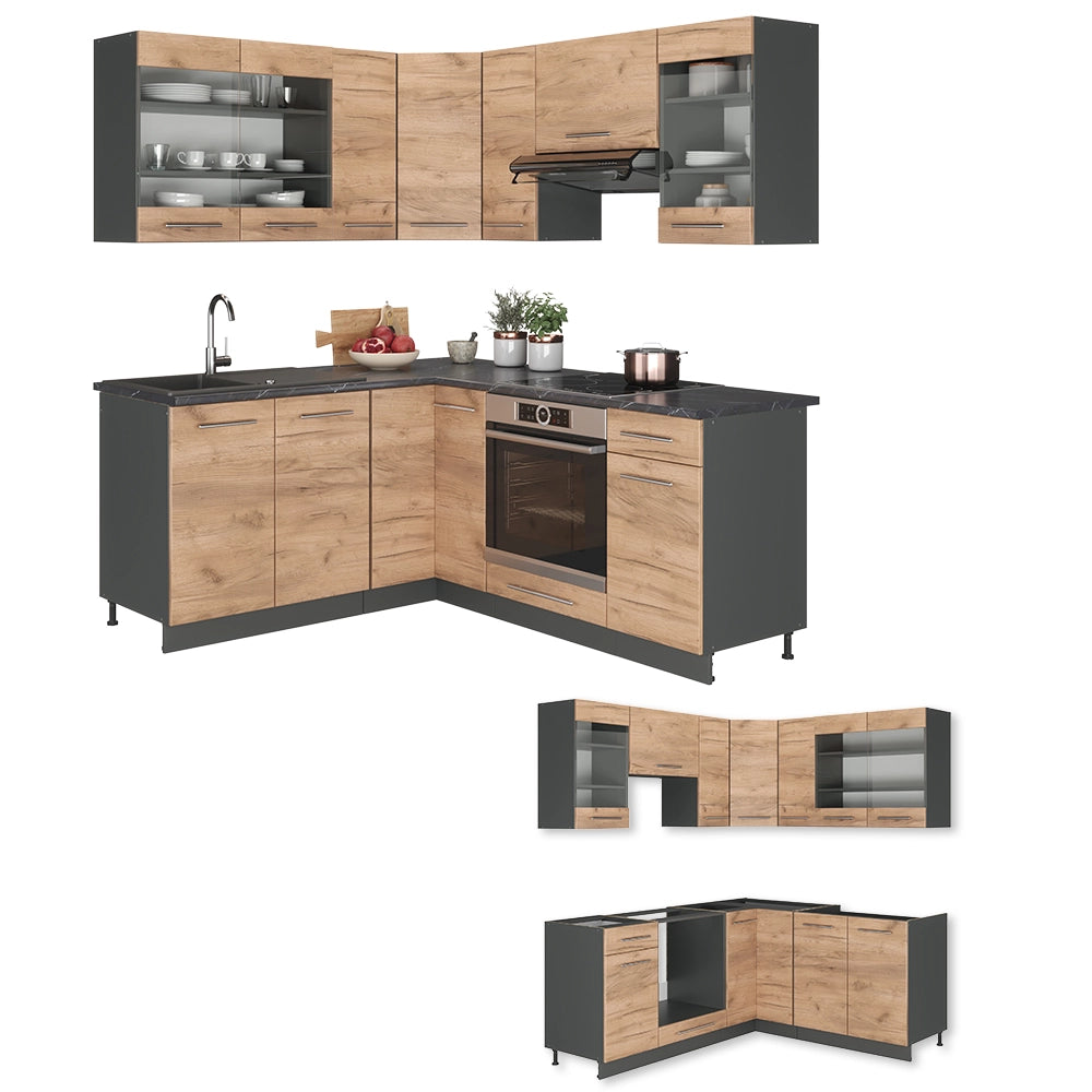 Vicco Cucina angolare completa Quercia dorata/antracite 160 x 190 cm , PL Marmo